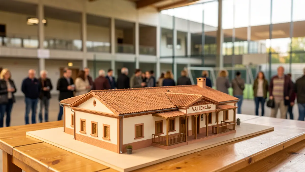 Maqueta del futuro trinquete municipal de Pego sobre una mesa de trabajo.