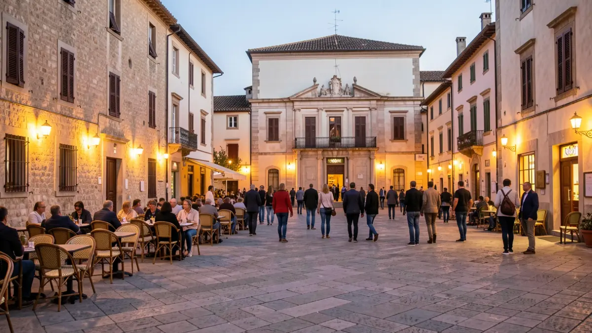 Generic image of a Mediterranean town square with warm lights and a town hall facade.