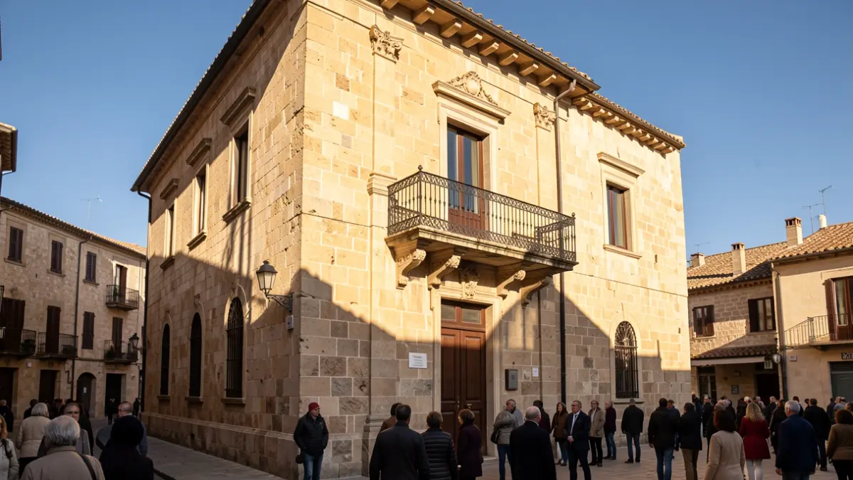 Fachada de piedra del ayuntamiento de Peñíscola con balcón ornamentado bajo la luz del sol.