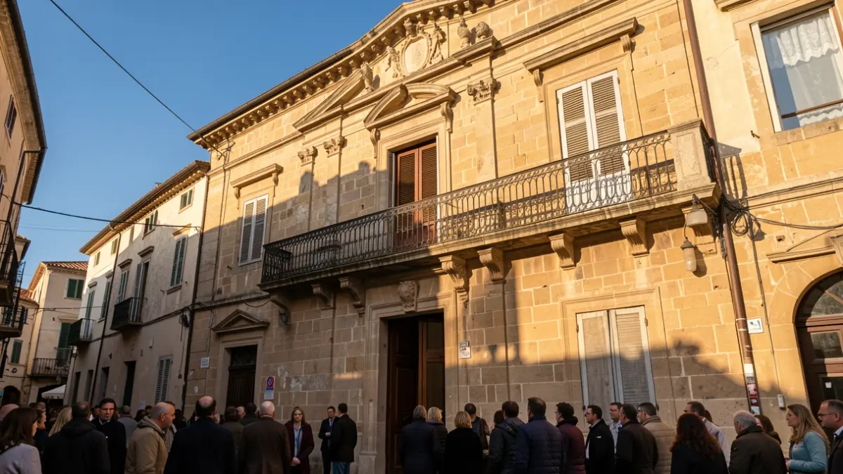 Generic image of a municipal building with a balcony and iron railings, illuminated by the afternoon sun.