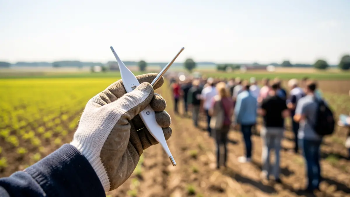 Generic image of a thermometer in a hand with fields in the background.