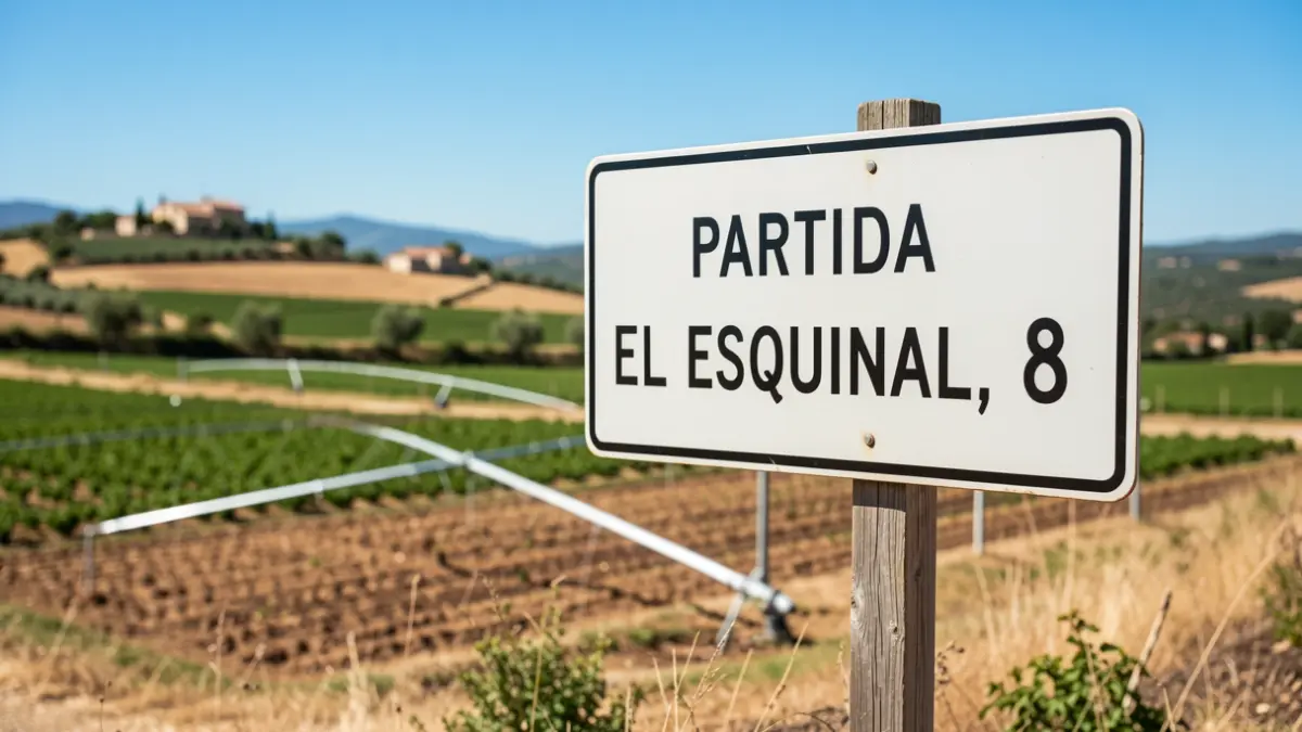 Imagen genérica de un letrero de localización rural con campos e instalaciones de riego.
