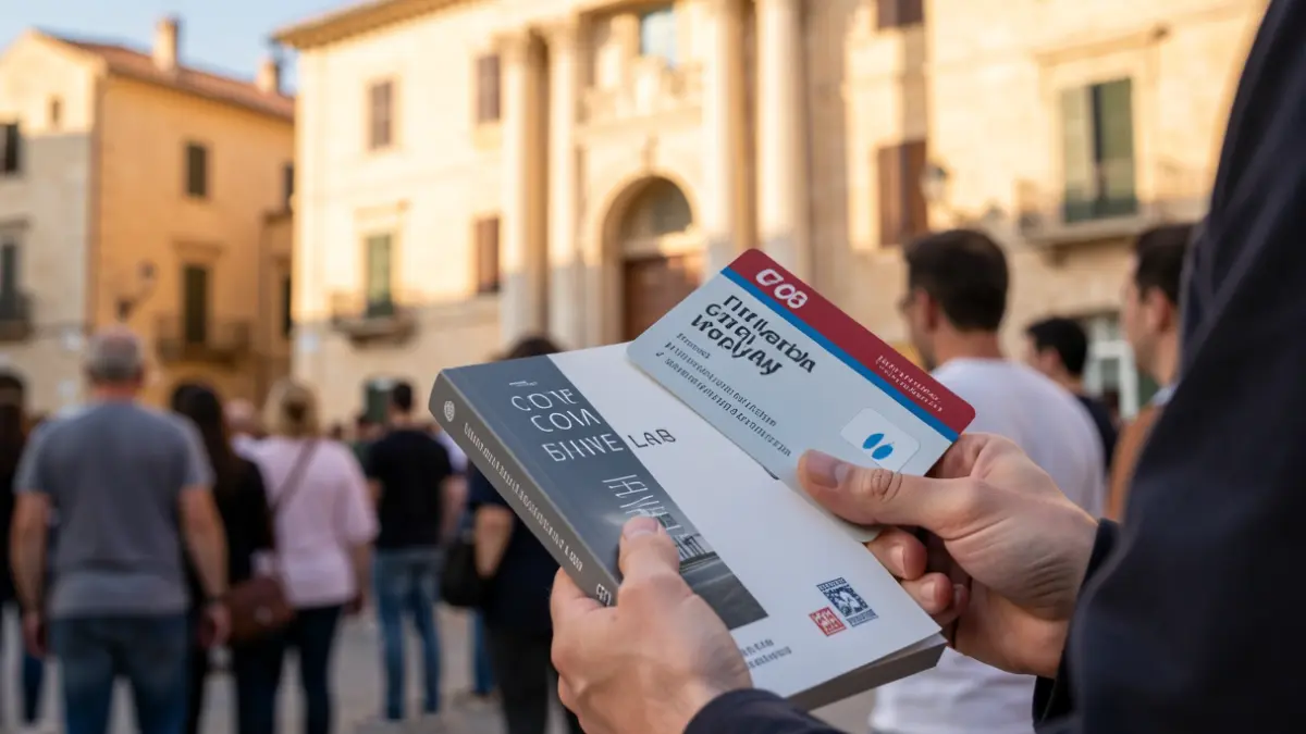 Imagen genérica de un estudiante con libros y tarjeta de transporte en un entorno urbano.
