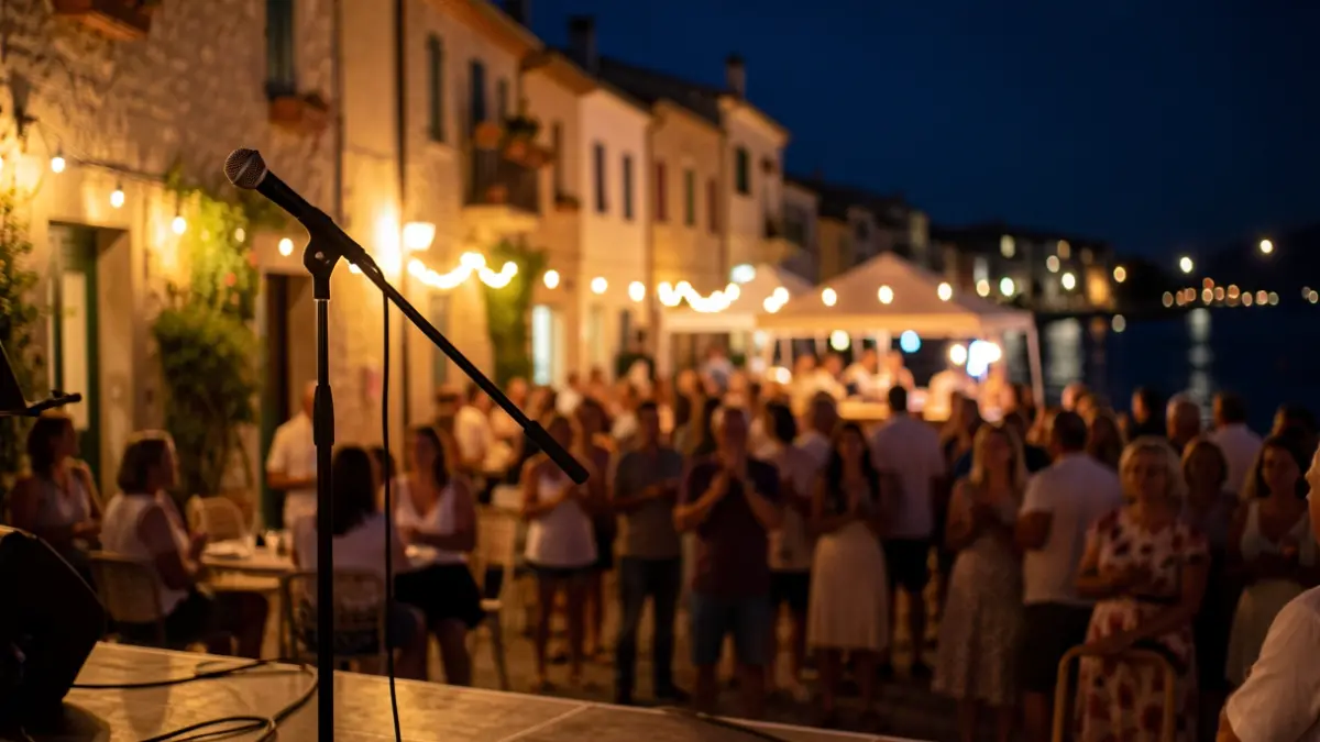 Escenario al aire libre durante un festival de música por la noche en una localidad costera.