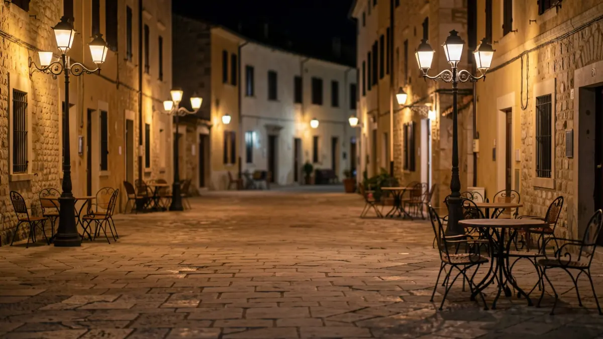 Generic image of a Mediterranean town square at night with street furniture.