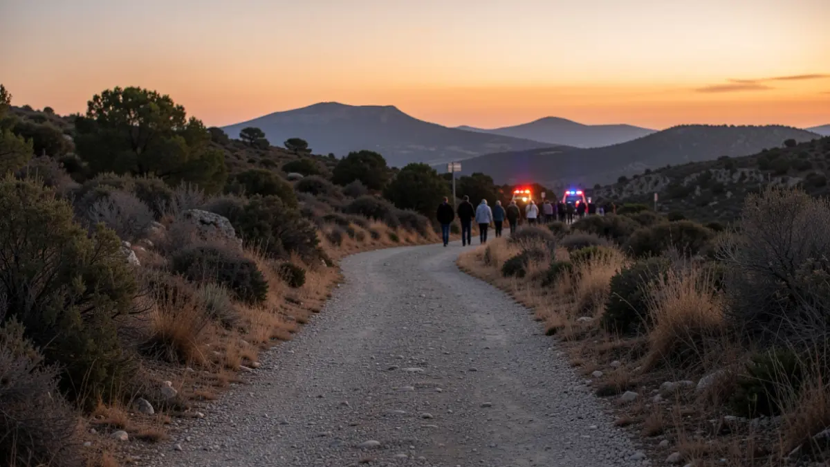 Caminos del parque natural del Montgó durante una noche de verano con luces de emergencia al fondo.