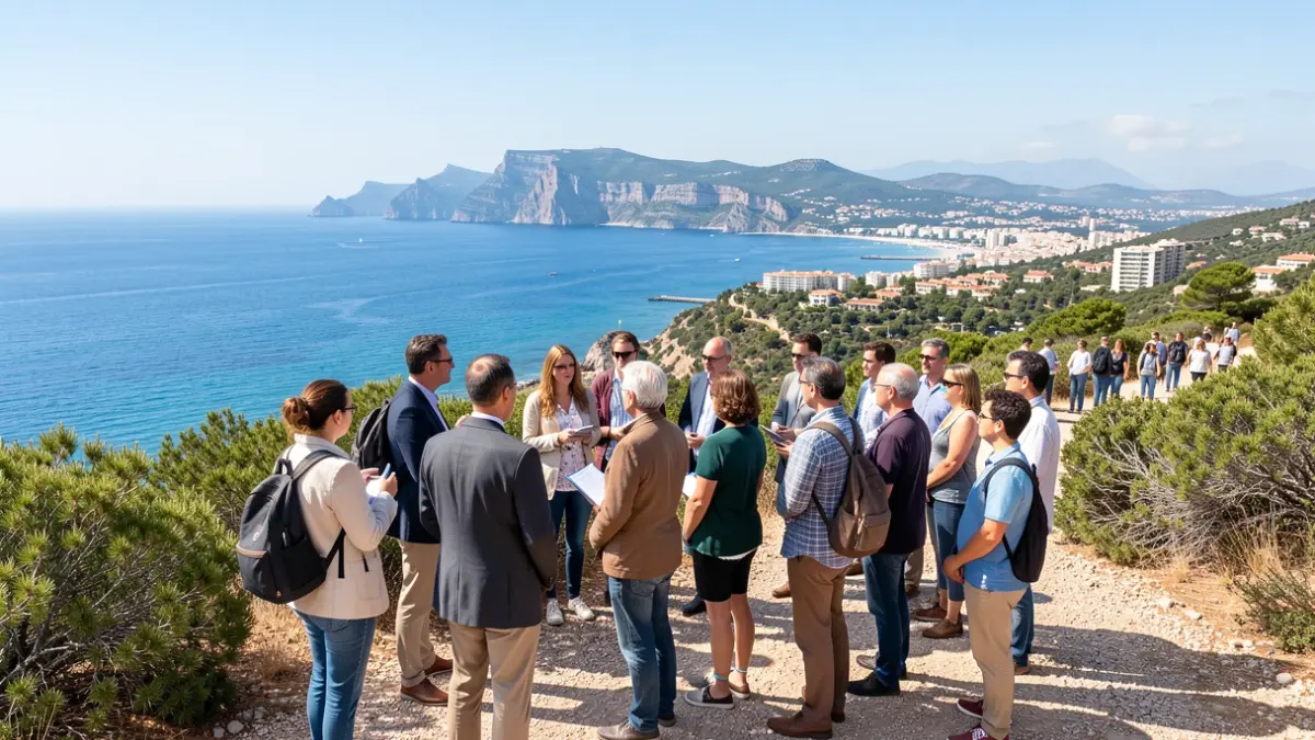 Imatge genèrica d'un grup de professors visitant un paisatge mediterrani costaner.