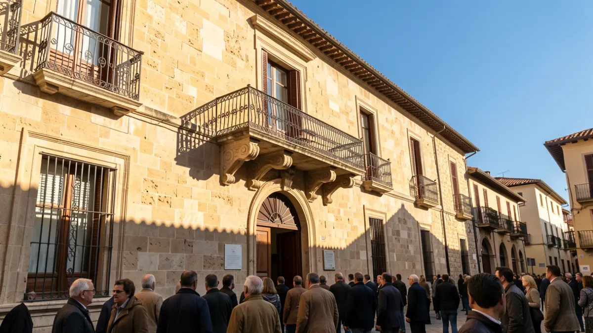 Generic image of a Mediterranean town hall facade with a balcony and iron railings, afternoon light.
