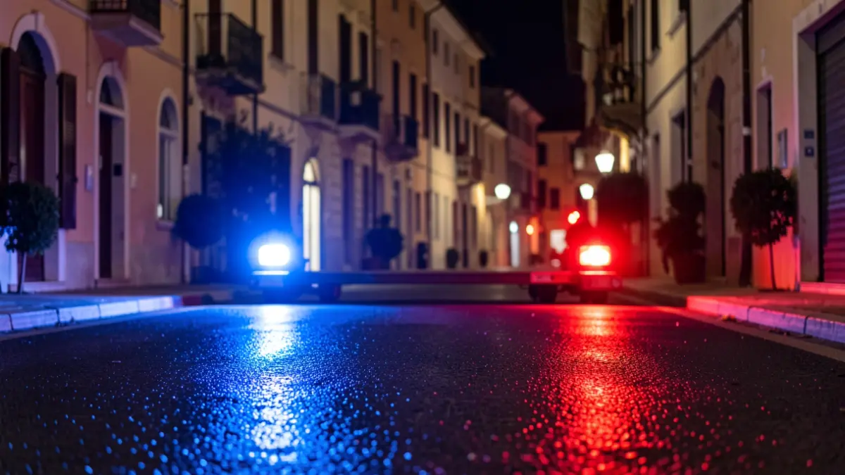 Imatge genèrica de llums d'emergència policials reflectint-se en asfalt mullat a la nit.