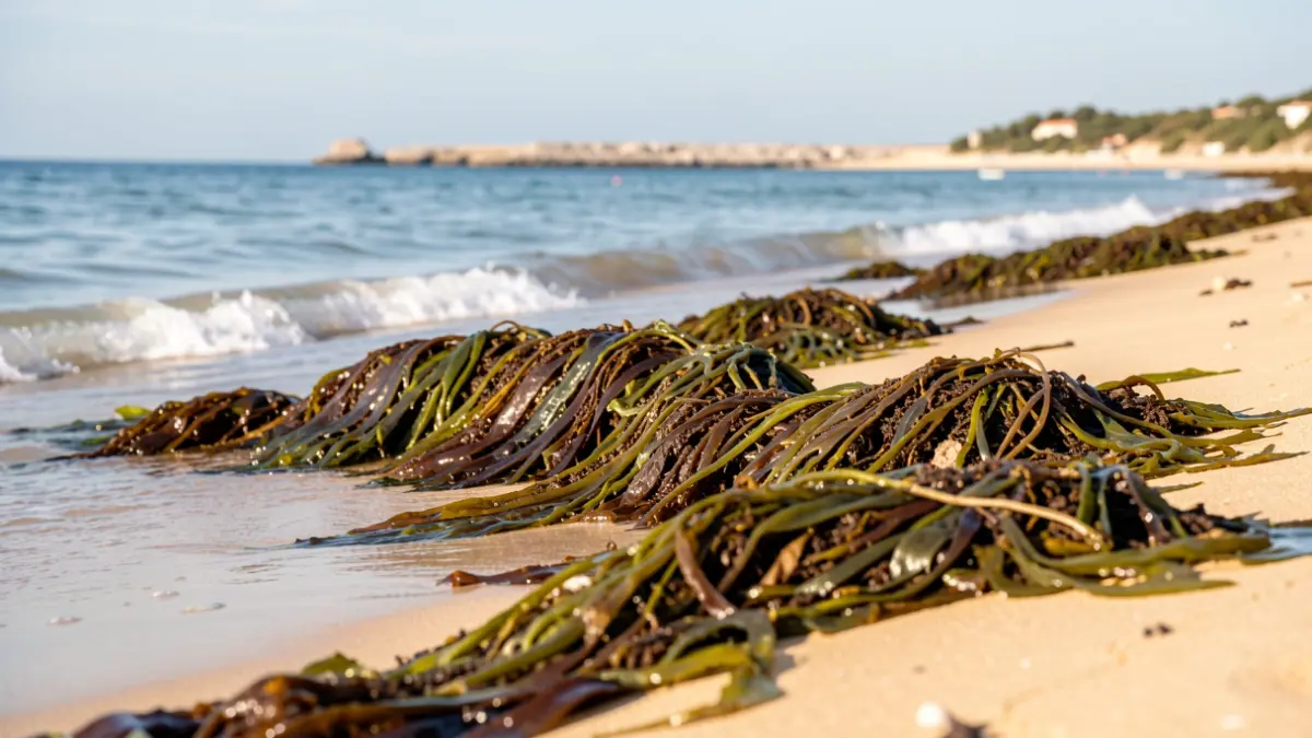 Imagen genérica de una playa mediterránea con posidonia acumulada en la arena.