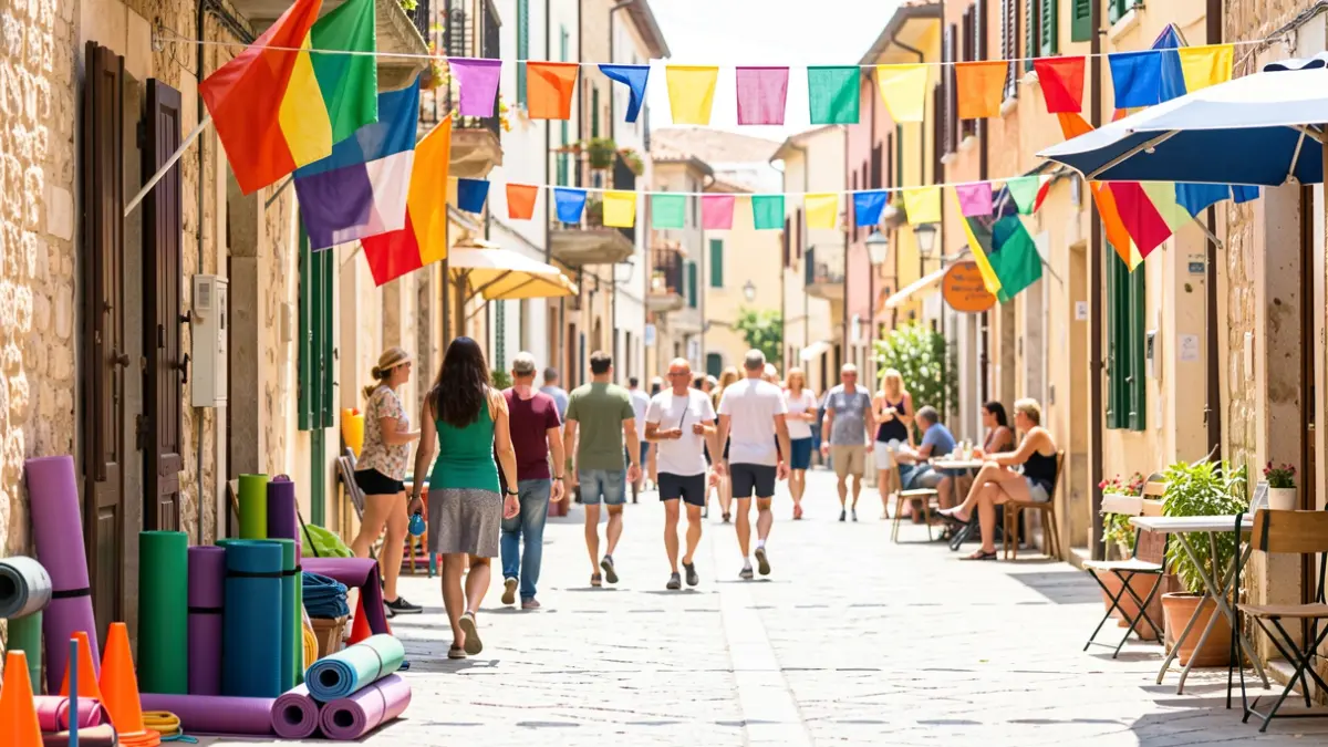 Imatge genèrica d'un carrer animat amb activitats esportives i comerços.