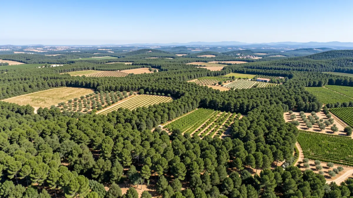 Vista aèria del bosc de la Sierra Negrete a Utiel, amb vinyes i fruiters antics.