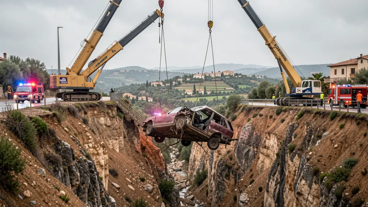 Imagen de una compleja operación de recuperación de un camión accidentado en un barranco.