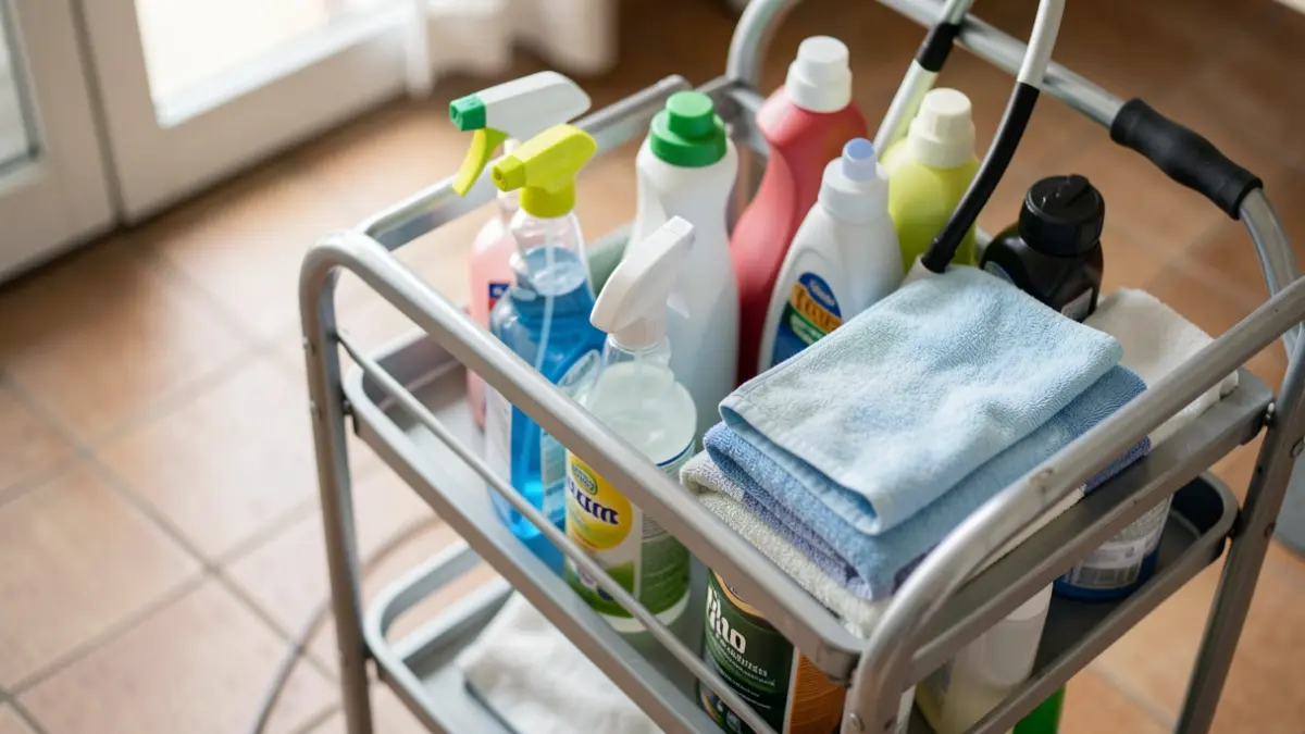 Generic image of a cleaning cart with supplies.