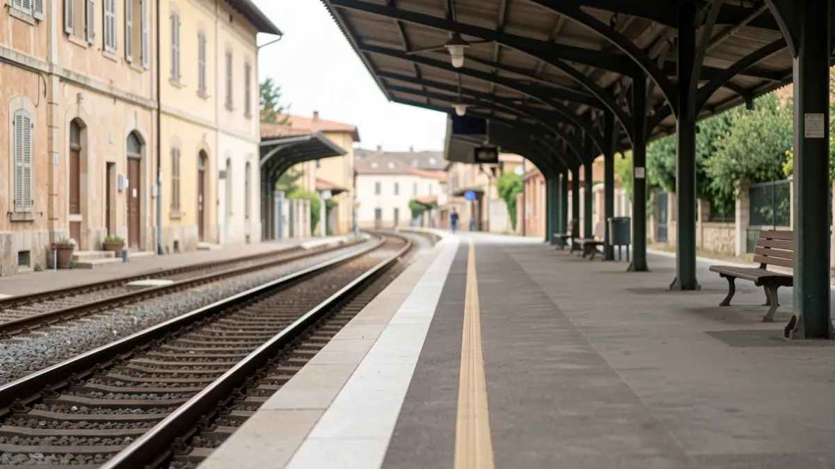 Generic image of an empty train platform with Mediterranean architecture.