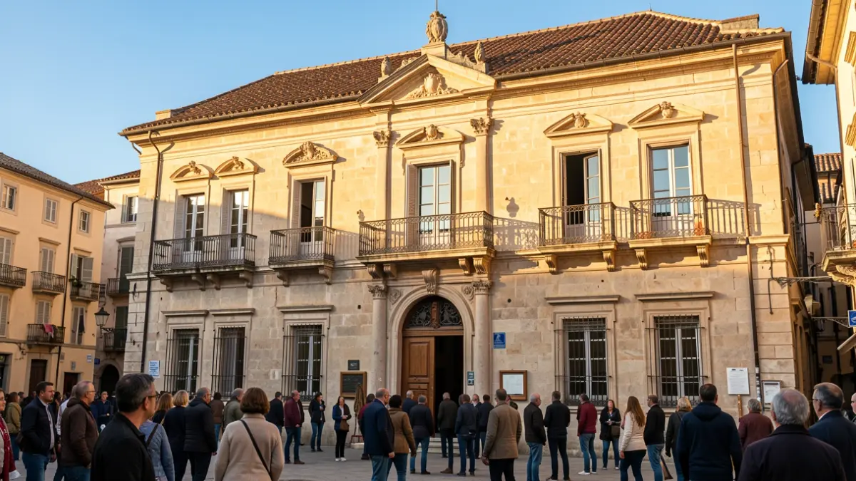 Imagen genérica de un edificio histórico municipal con balcones y luz de tarde.