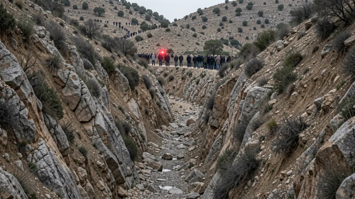 Generic image of a dry ravine with an emergency light in the background.