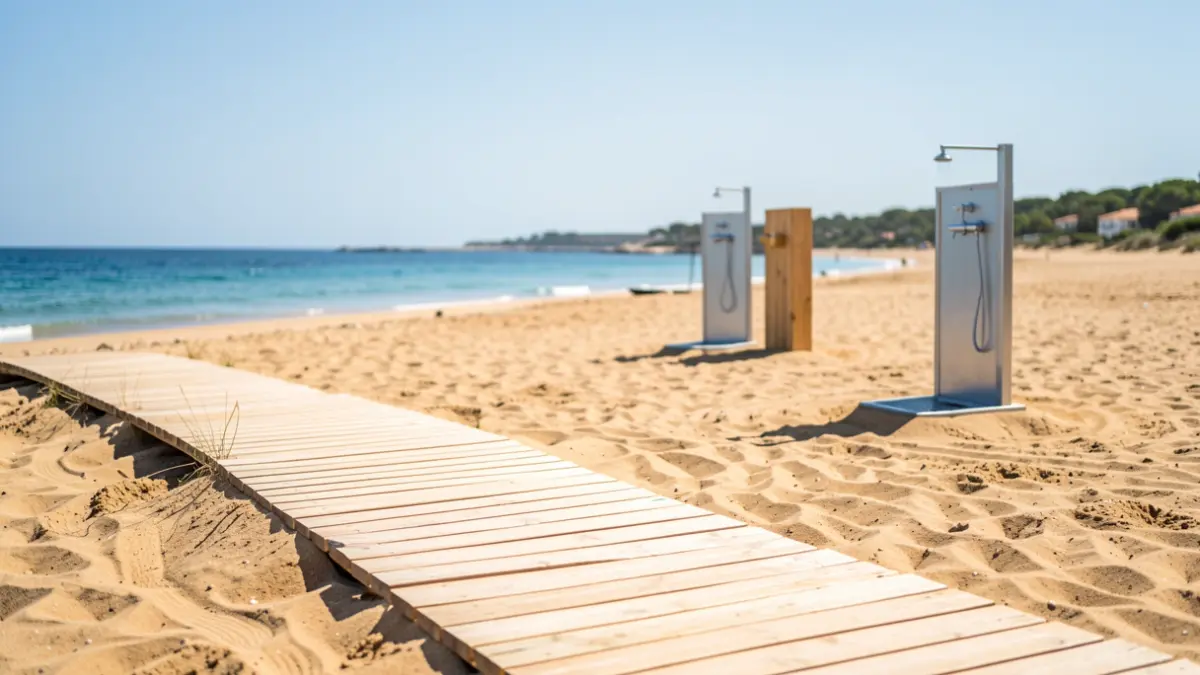 Image of a Mediterranean beach with partially installed wooden walkways and foot showers awaiting placement.