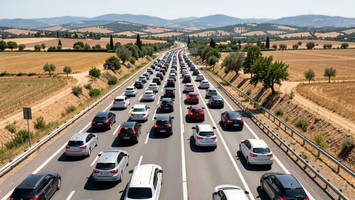 Generic image of dense traffic on a highway with visible brake lights.