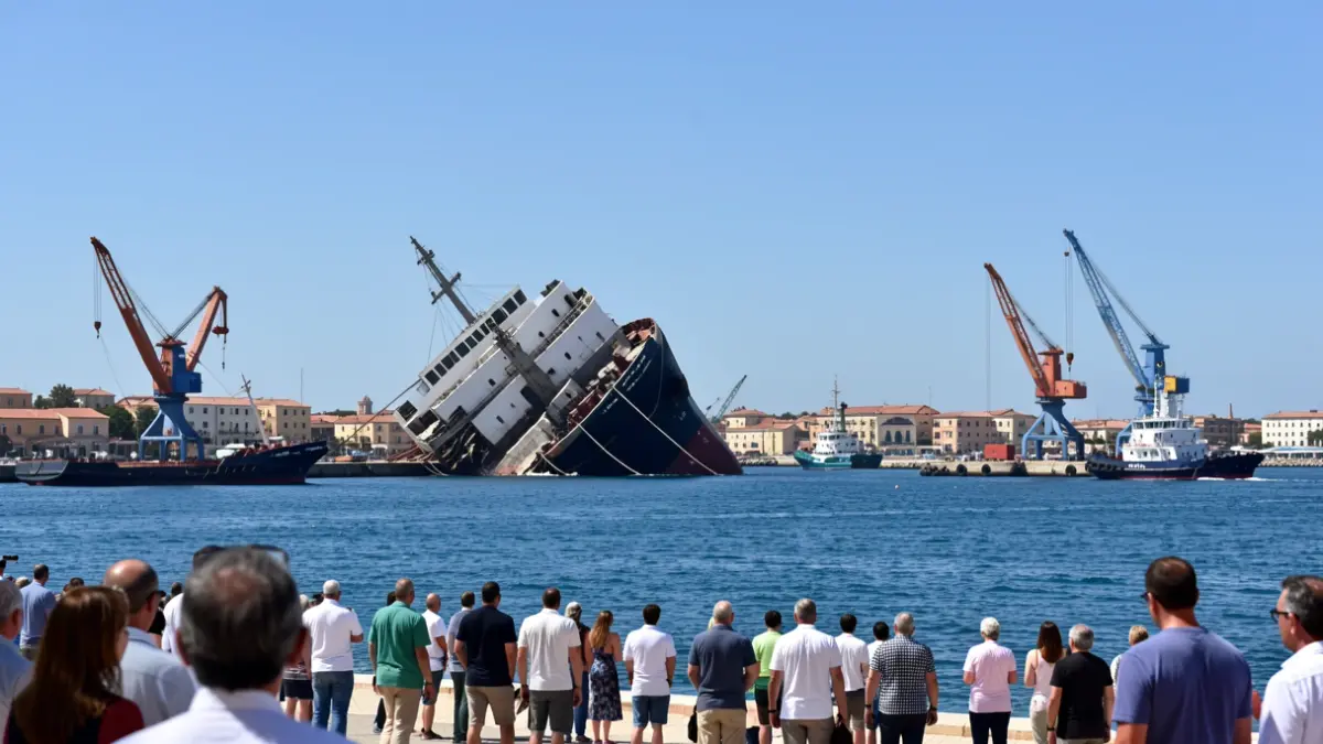 Imatge genèrica d'un vaixell semihundit sent remolcat fora d'un port.