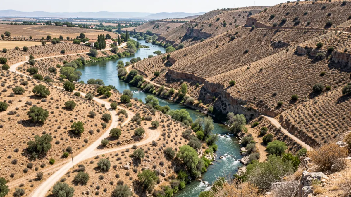 Vista aèria de Riba-roja de Túria, destacant el riu Túria i la rambla de Poio, amb vegetació seca.