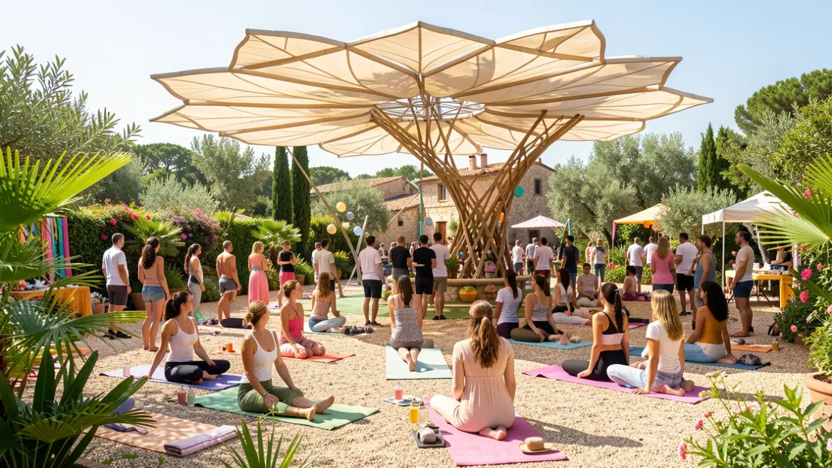 Generic image of a festival with well-being activities under a hexagonal structure.