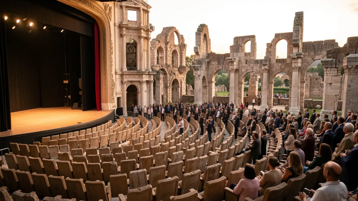 Escenario del Teatro Romano de Sagunto con gradas de piedra durante el atardecer.
