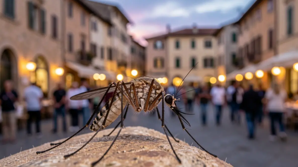 Primer pla d'un mosquit mascle estèril, amb un fons difuminat d'una plaça mediterrània al capvespre.