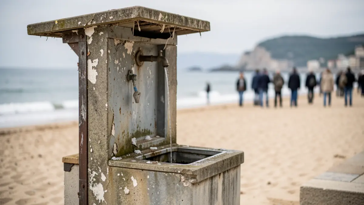 Generic image of a damaged foot-washing station on a beach.