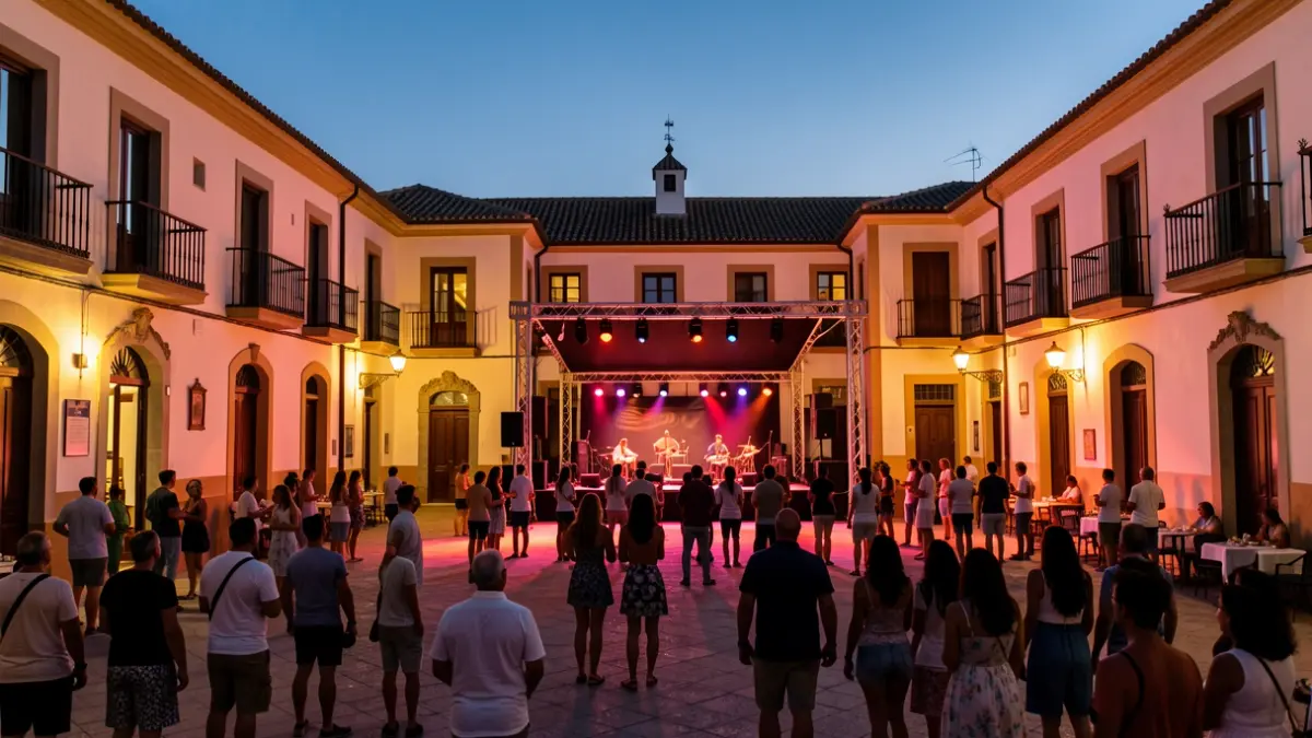 Generic image of a Valencian town square lit for a cultural performance at dusk.