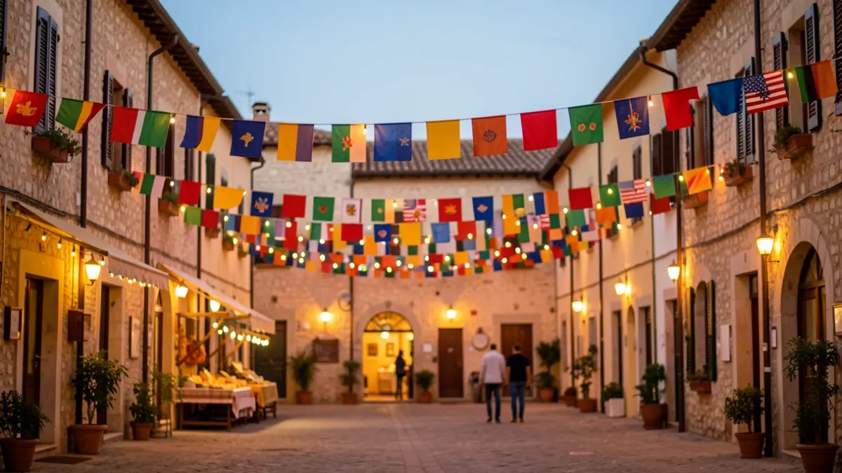 Generic image of a Mediterranean town square decorated for a festival.