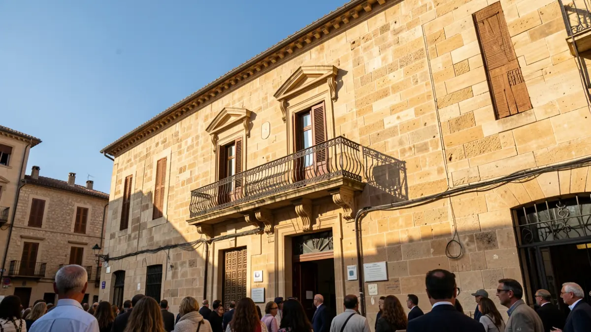 Fachada de un ayuntamiento mediterráneo con balcón y barandillas de hierro, luz solar de la tarde.