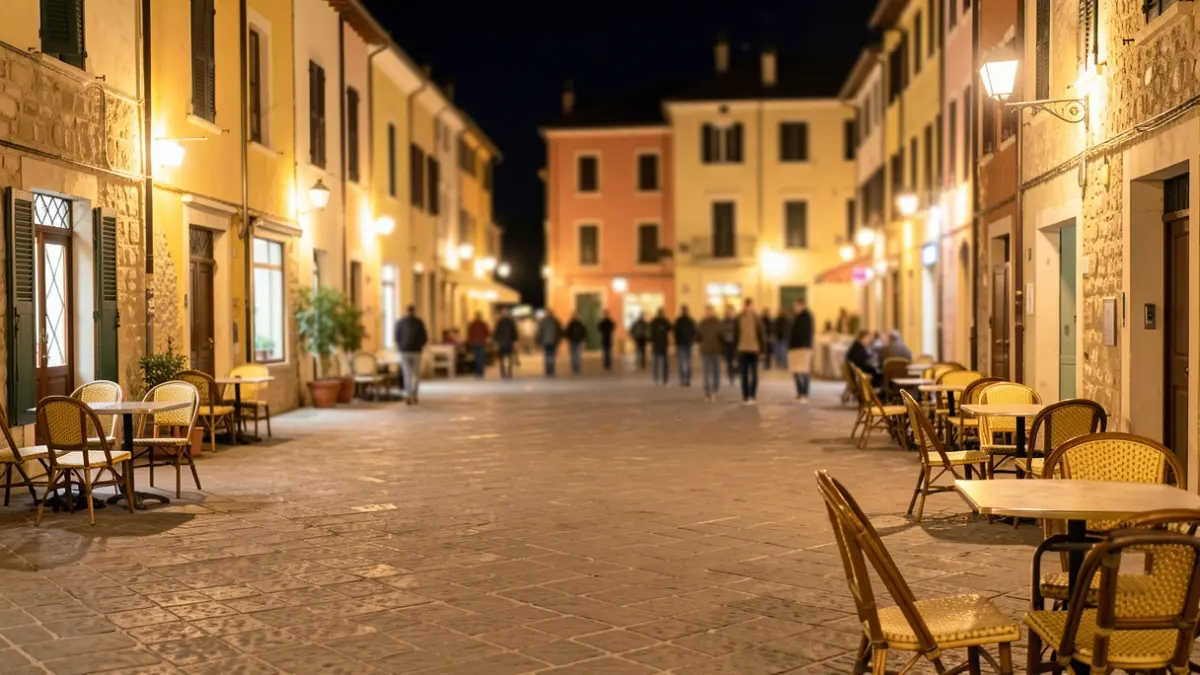 Imagen genérica de una plaza de pueblo mediterráneo iluminada de noche.