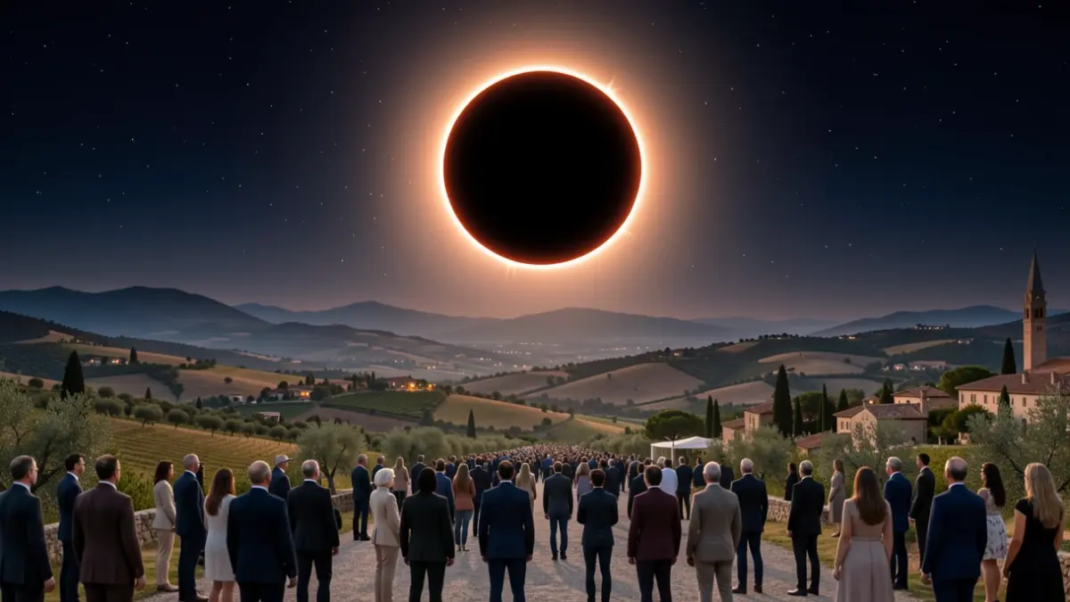Generic image of a solar eclipse over a Mediterranean landscape with security elements.