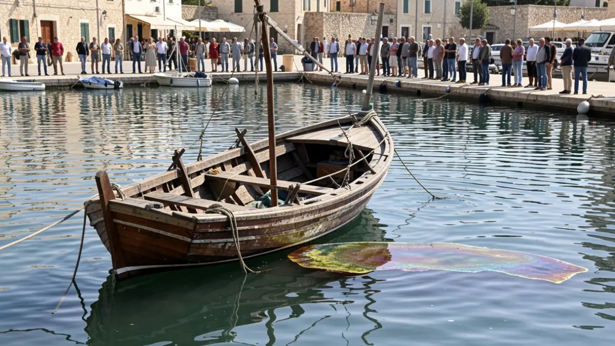 Imatge d'un vaixell pesquer de fusta enfonsat parcialment en un port mediterrani.