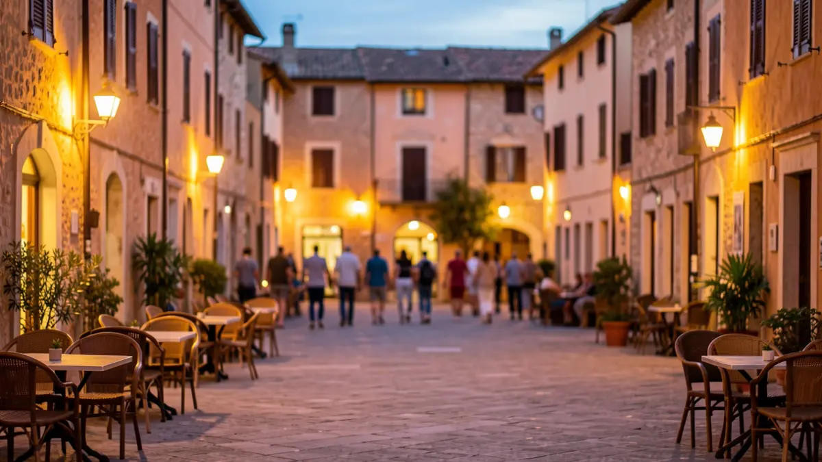Generic image of a Mediterranean town square illuminated at dusk.