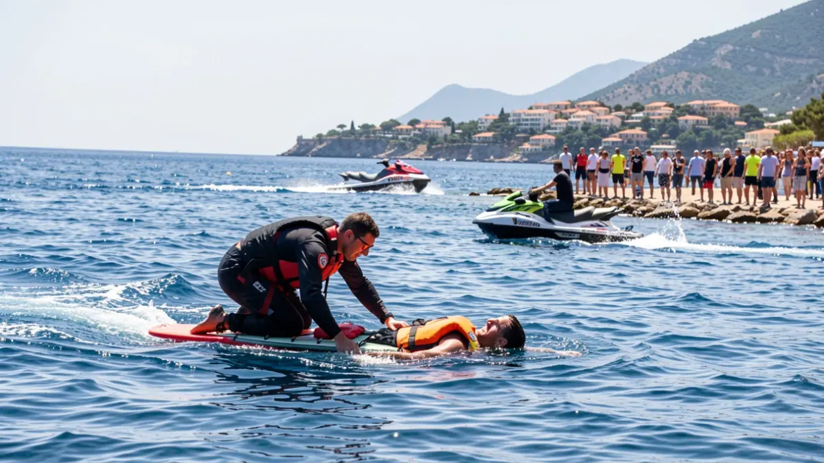 Imatge genèrica d'un simulacre de rescat aquàtic amb socorristes i material de salvament.