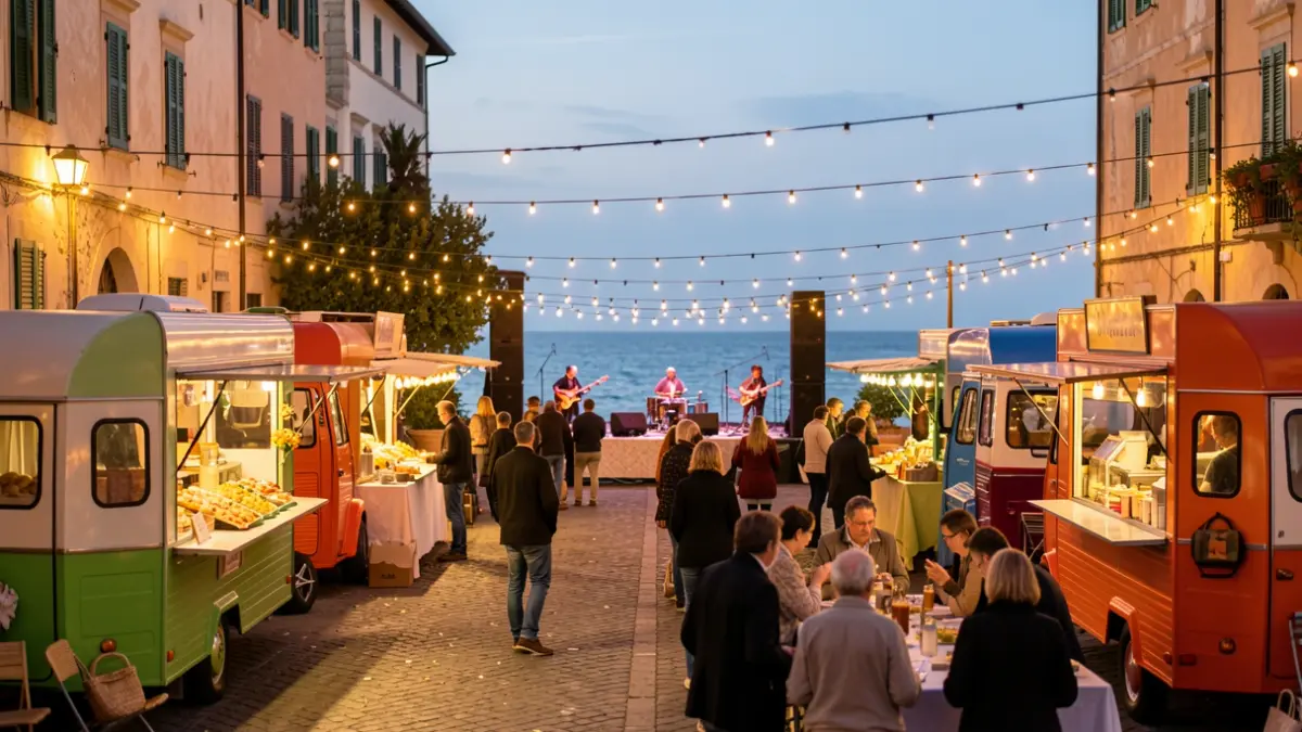 Imatge genèrica d'un mercat a la nit amb food trucks i música a la costa.