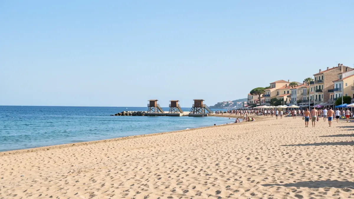 Generic image of a Mediterranean beach with lifeguard towers during the summer season.