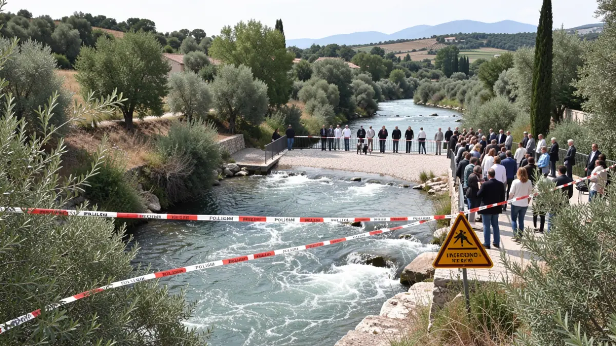 Imagen genérica de una zona recreativa cerrada junto a un río con señales de advertencia.