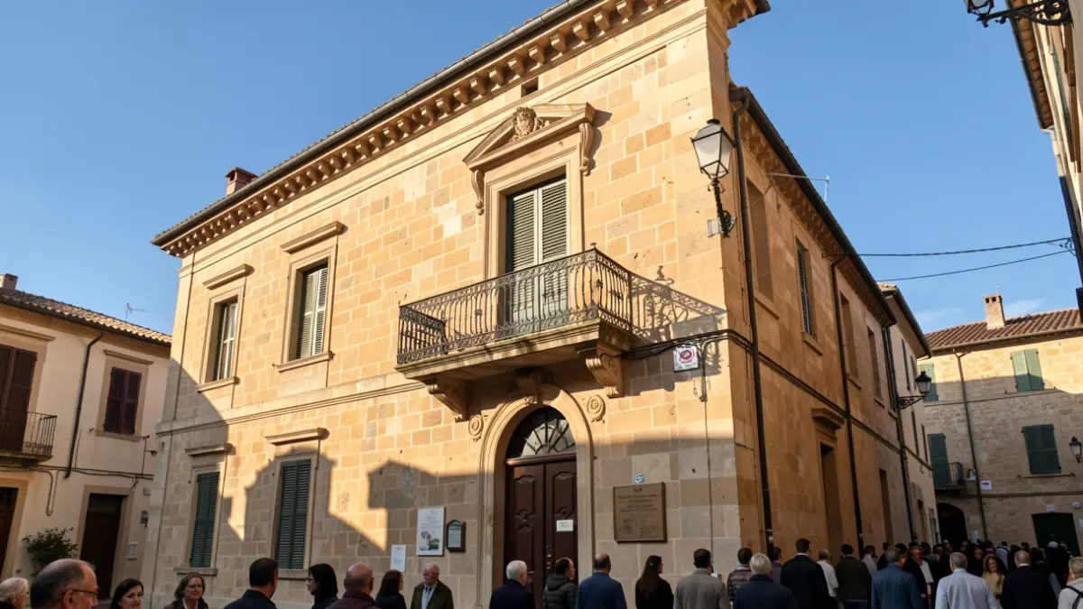 Generic image of a Mediterranean town hall facade with a balcony and iron railings, afternoon light.