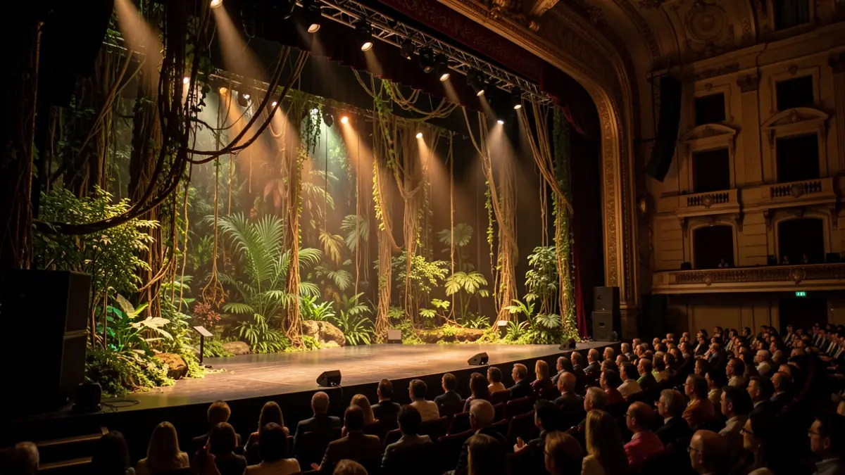 Generic image of a theater stage with jungle scenery.