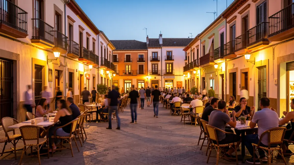 Generic image of a Mediterranean town square illuminated at dusk with people enjoying a festive atmosphere.
