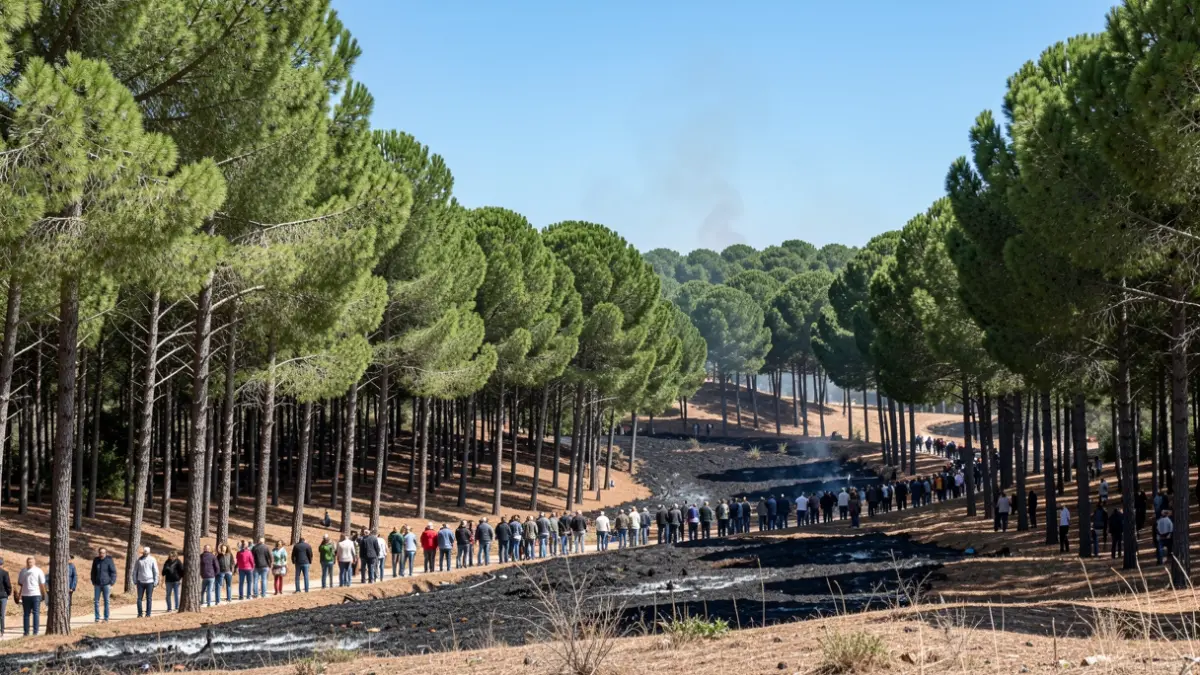 Generic image of a pine forest with smoke in the background.