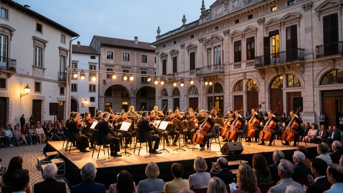 Imagen genérica de una orquesta sinfónica actuando en un escenario exterior frente a un entorno arquitectónico histórico.
