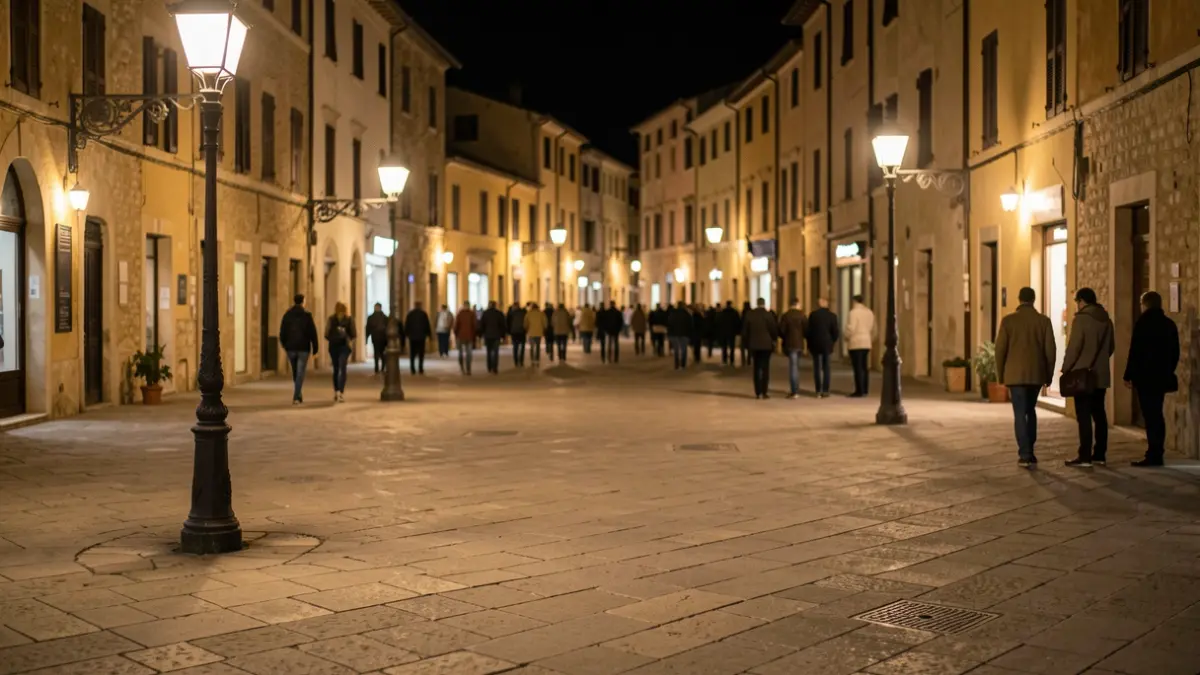 Imagen genérica de una plaza en una ciudad mediterránea durante la noche.