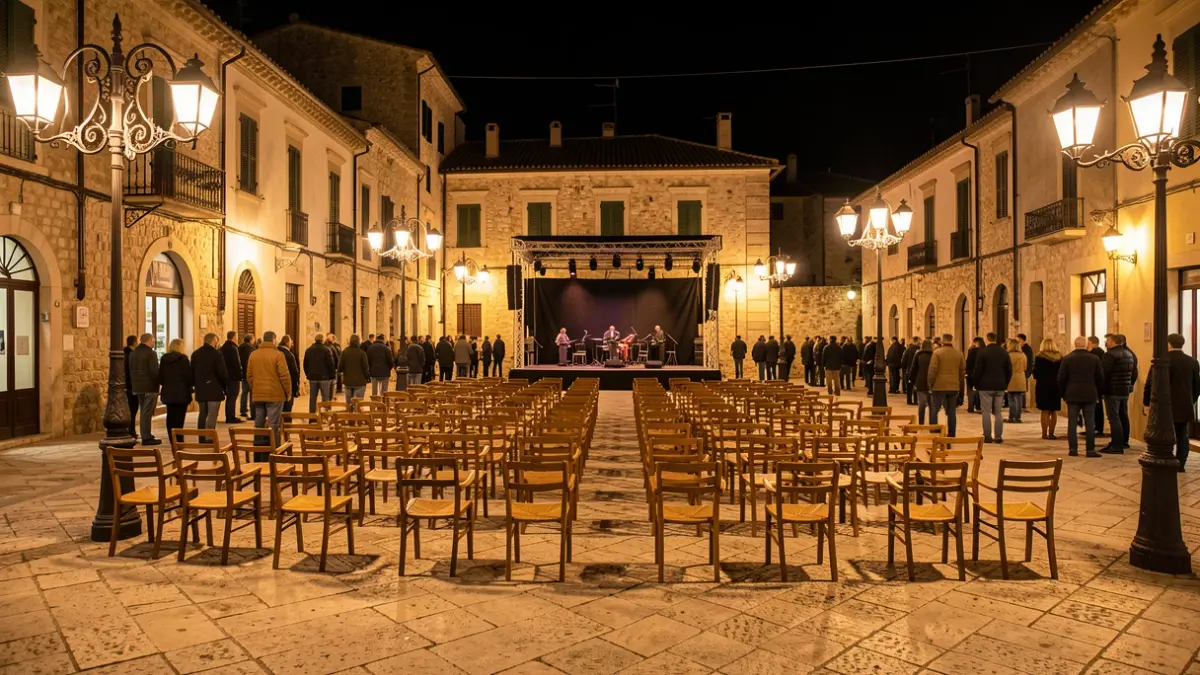 Imagen de la plaza Unió Musical de Torrent preparada para un concierto nocturno.
