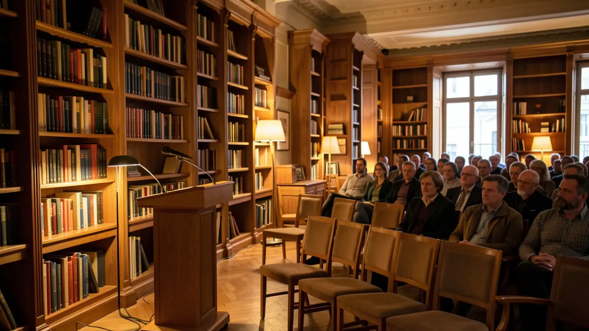 Image of an event hall prepared for a cultural presentation with a microphone and chairs.