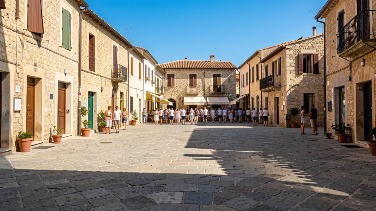 Imagen genérica de una plaza en un municipio mediterráneo con cielo despejado y luz de sol veraniega.