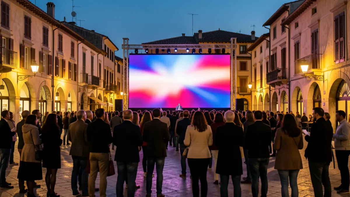 Imagen genérica de una plaza con una pantalla gigante instalada para ver un evento deportivo.